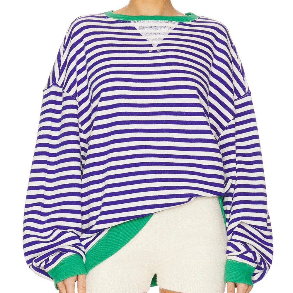 We The Free Blue and White Striped Sweater with Green Trim - Picture 1 of 6
